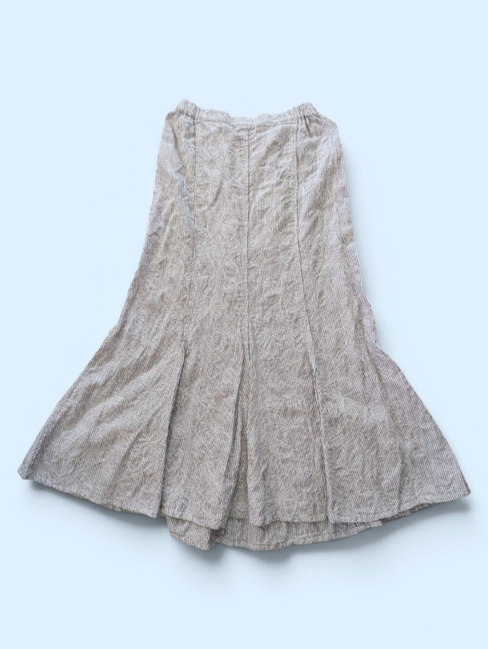 FLAX White 100% Linen Midi Skirt Women's S Striped Floral Embroidered White Gray